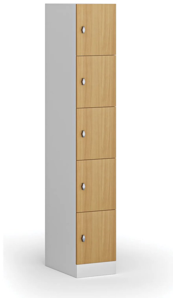 Šatníková skrinka s úložnými boxmi, 5 boxov, 1850 x 300 x 500 mm, demont, otočný zámok, laminované dvere, buk