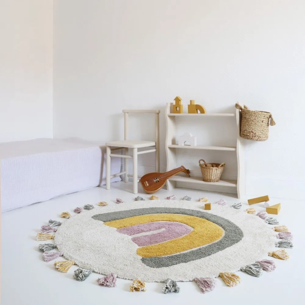 Krémový umývateľný ručne tkaný bavlnený detský koberec ø110 cm Rainbow Moss – Nattiot