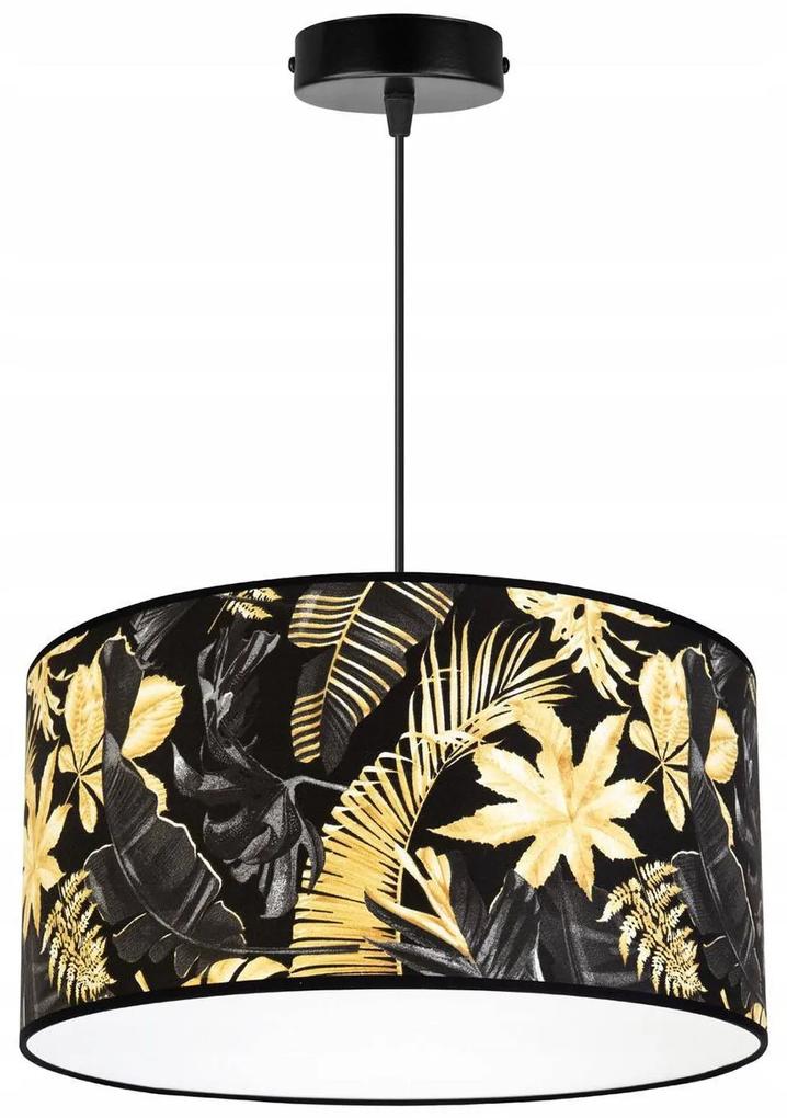 Závesné svietidlo Gold flowers, 1x čierne textilné tienidlo s kvetinovým vzorom, (fi 40cm)