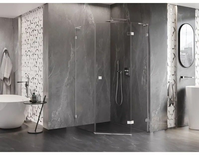 Mexen Lunar, L pravý výklopný päťuholníkový sprchový kút 80 x 90 cm, 8mm číre sklo, chrómový profil, 831L-080P-090L-01-00-P
