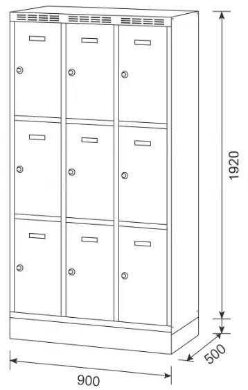 Alfa 3 Šatníková skrinka S6 na sokli s úložnými boxami, 9 boxov, 1920 x 900 x 500 mm, otočný zámok, tmavosivé dvere