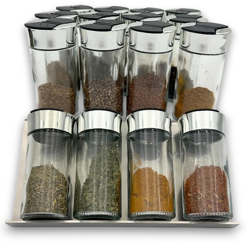 Orion Sada 16ks koreničiek SPICE BLACK 100ml + 4ks nerezový organizér na koreničky VASKY - NEREZ (nízky) + sada 24ks štítkov