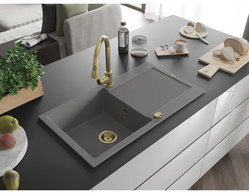 Mexen Leo, 1-komorový granitový drez 900x500x190 mm a drezová batéria Elia, šedá, 6501-71-670101-50