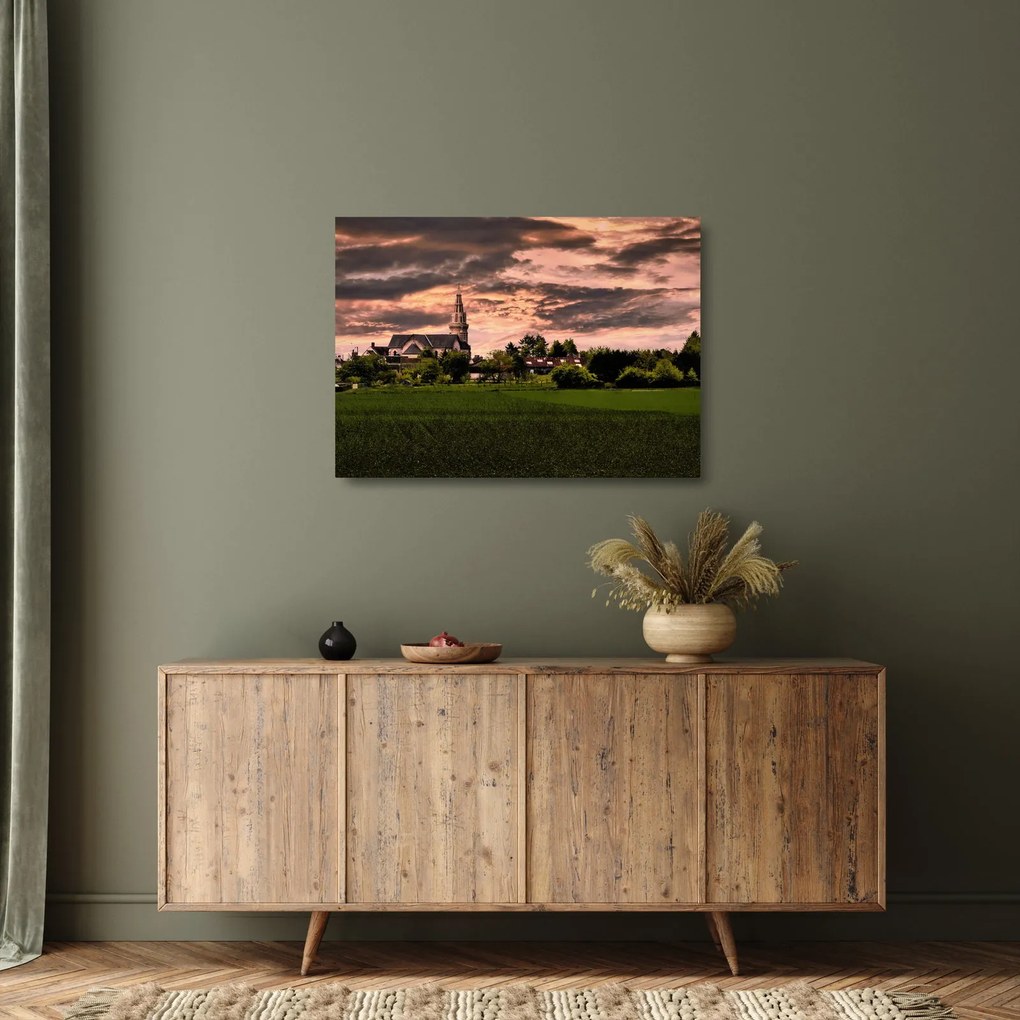 Sklenený obraz krajiny s kostolom (70x50 cm)