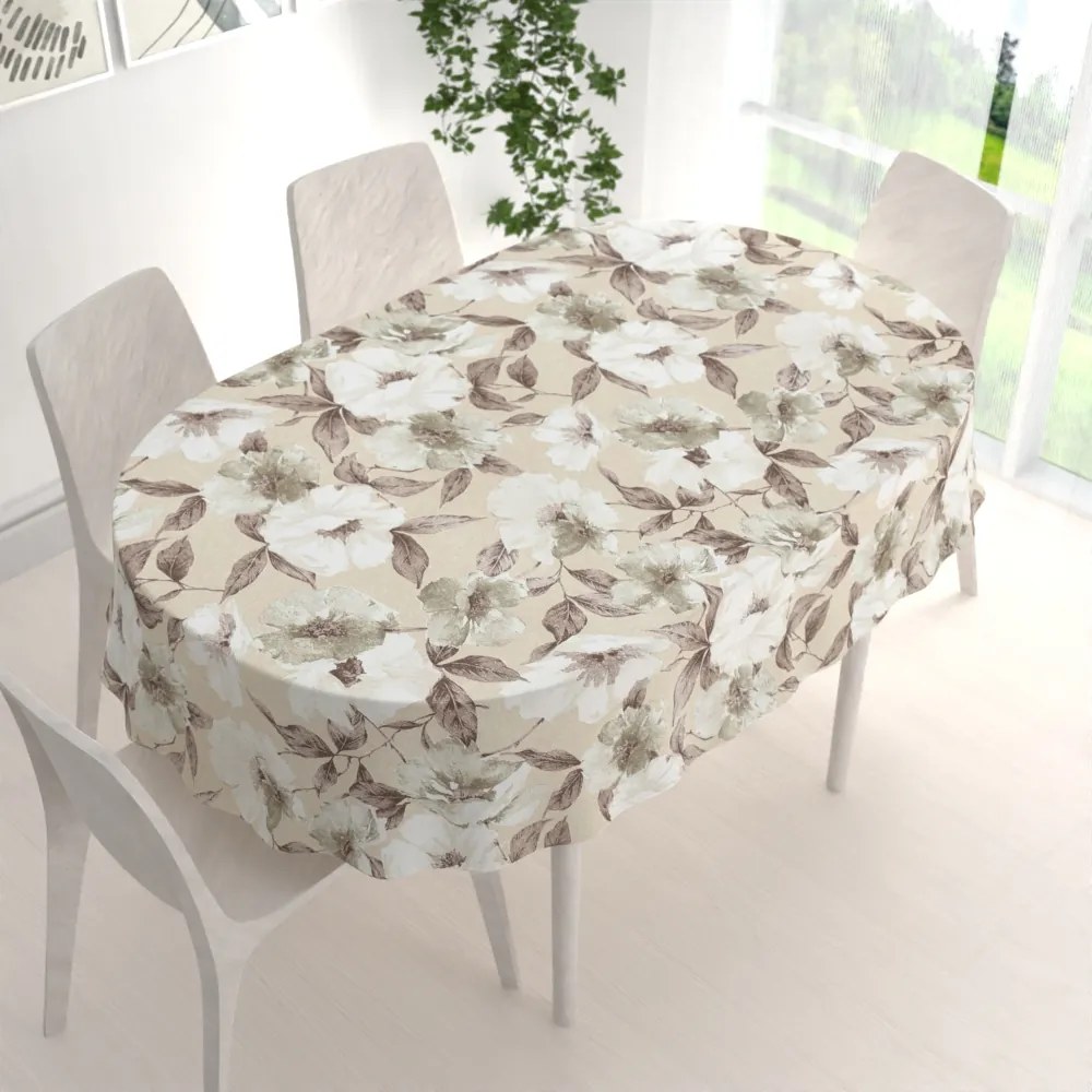 Biante Dekoračný oválny obrus Porto PRT-011 Hnedo-biele kvety na béžovom 120x160 cm