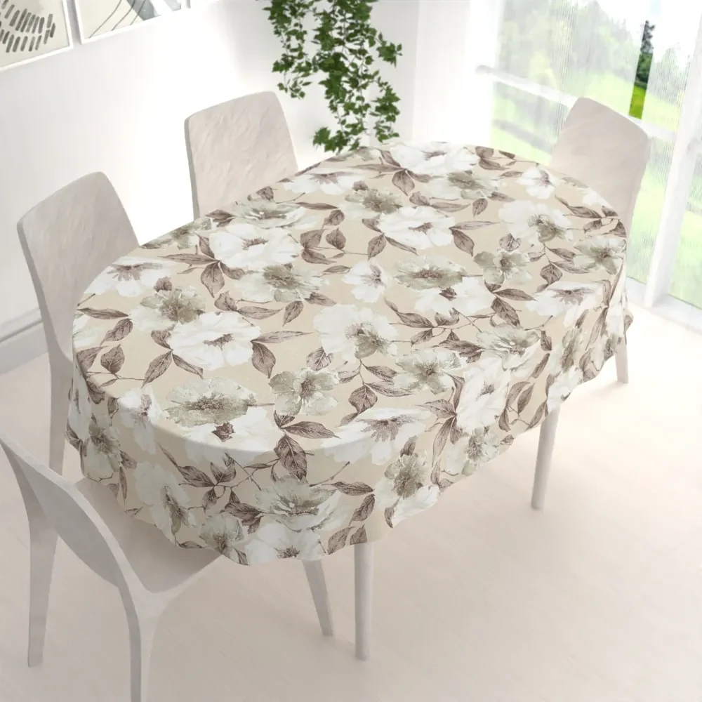 Biante Dekoračný oválny obrus Porto PRT-011 Hnedo-biele kvety na béžovom 130x200 cm
