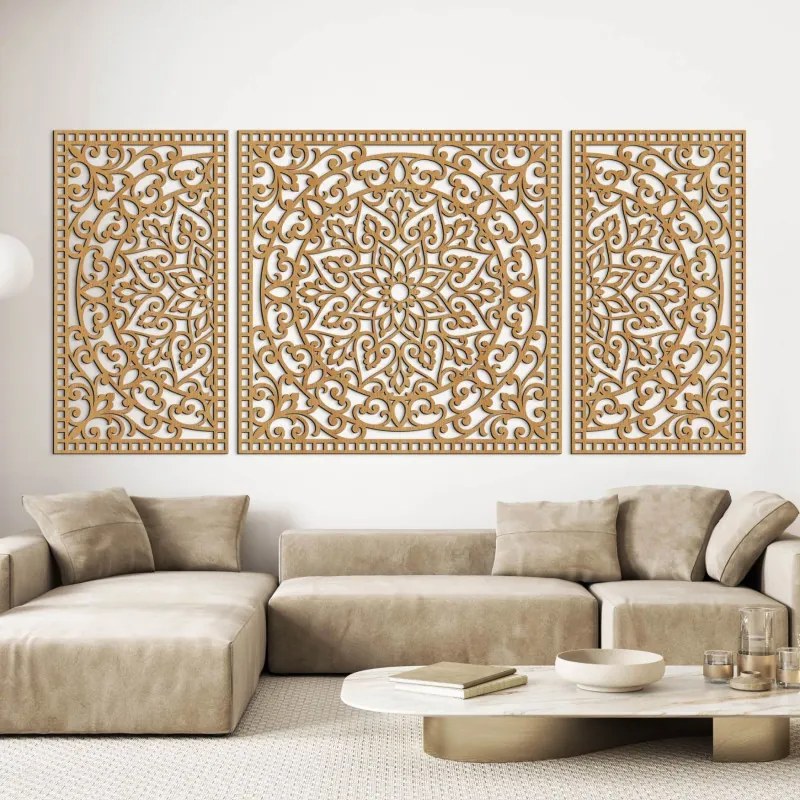 Drevená nástenná dekorácia trojdielna mandala do interiéru | SENTOP HDF0514-B