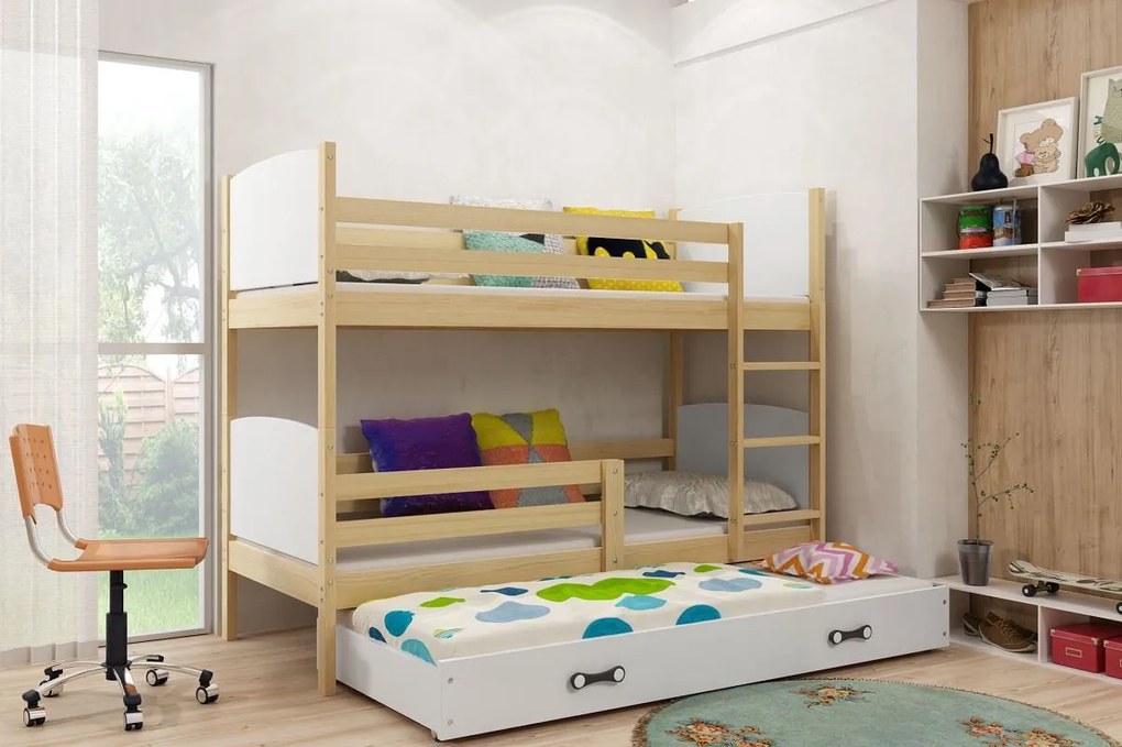 Poschodová posteľ s prístelkou TAMI 3 - 200x90cm - BOROVICA - BIELA