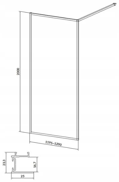 Cersanit Larga, Walk-In sprchová zástena 120x200 cm, 8mm priehľadné sklo, čierny profil, S932-140