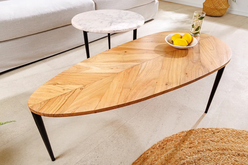 Konferenčný stolík ADLON, sada 2 kusov, akáciové drevo, prírodné a mramorové, biele