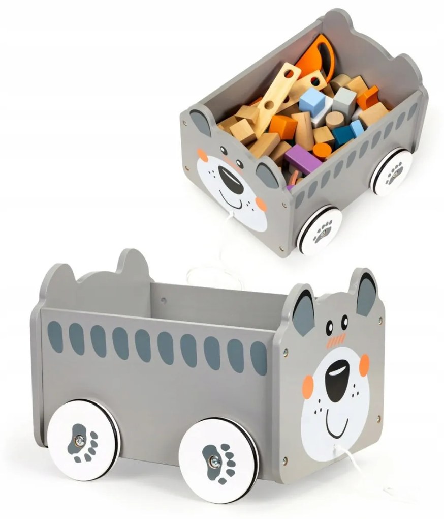 Detský drevený vozík na hračky – medvedík | sivý