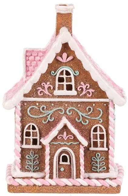 Vianočná dekorácia Perníkový domček s ružovou strechou, polyresin, LED, hnedá