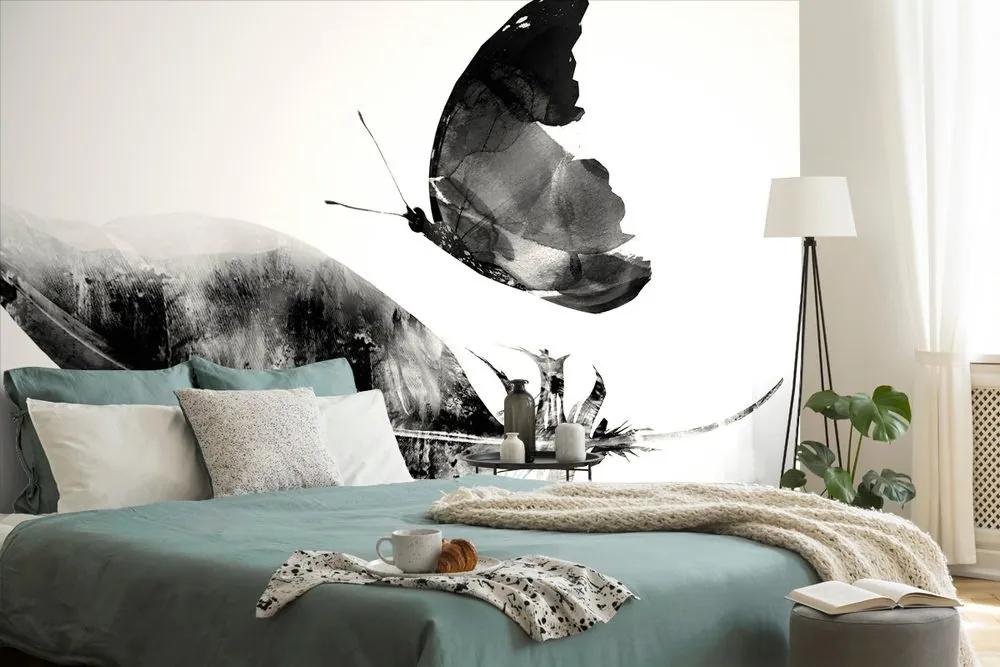 Samolepiaca tapeta pierko s motýľom v čiernobielom - 225x150