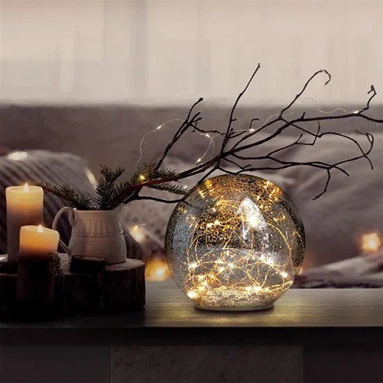 SOLIGHT LED sklenená vianočná guľa, 15cm, 2xAA, medená