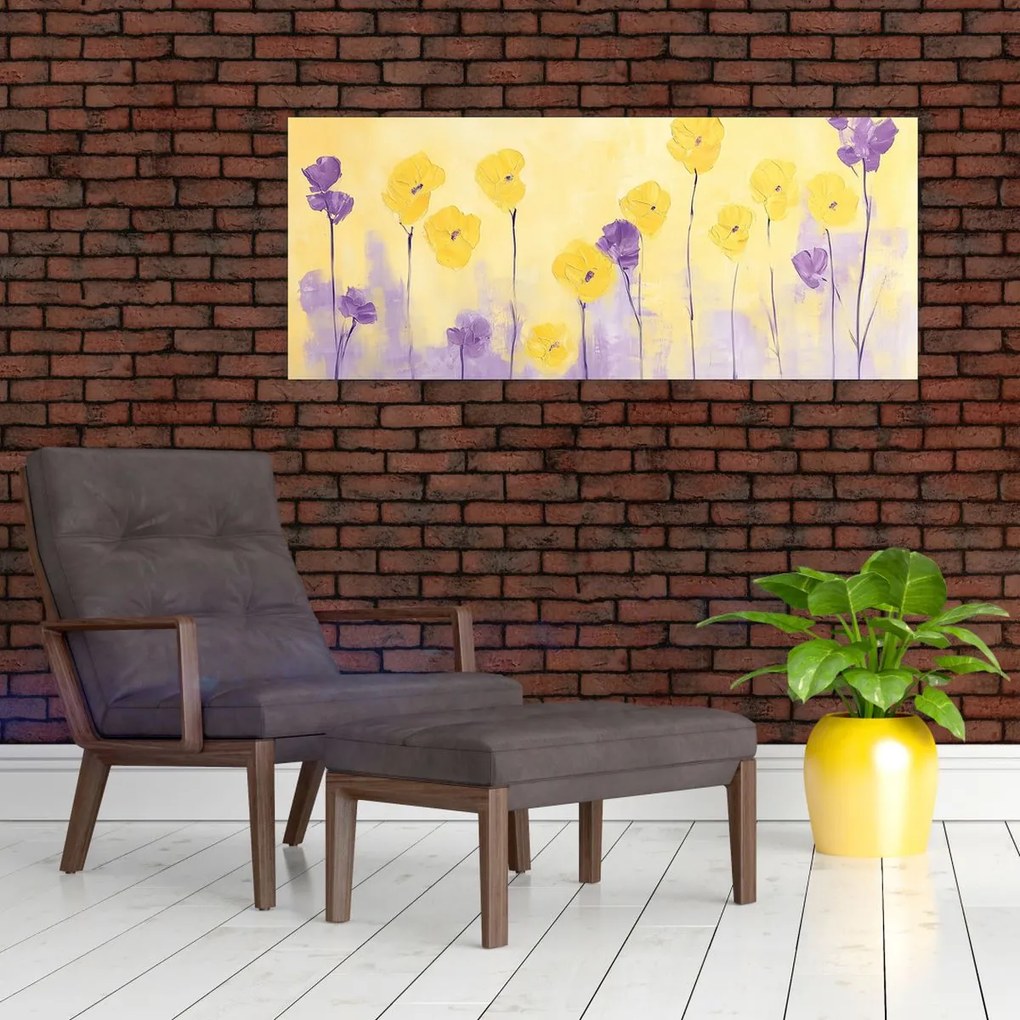 Obraz - Fialové a žlté kvietky (120x50 cm)