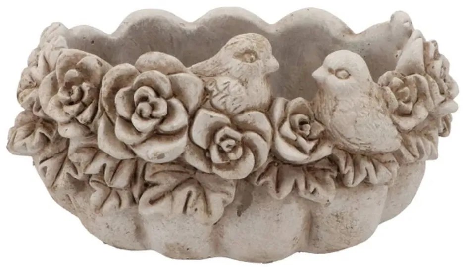 Cementový kvetináč misa s kvetmi a vtáčikmi Flower Bowl - 25*17*14 cm