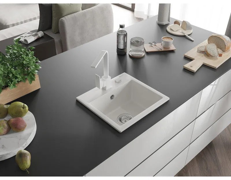 Mexen Milo, 1-komorový granitový drez 435x410x171 mm a biela batéria Rita, biela, 6505-20-670300-20