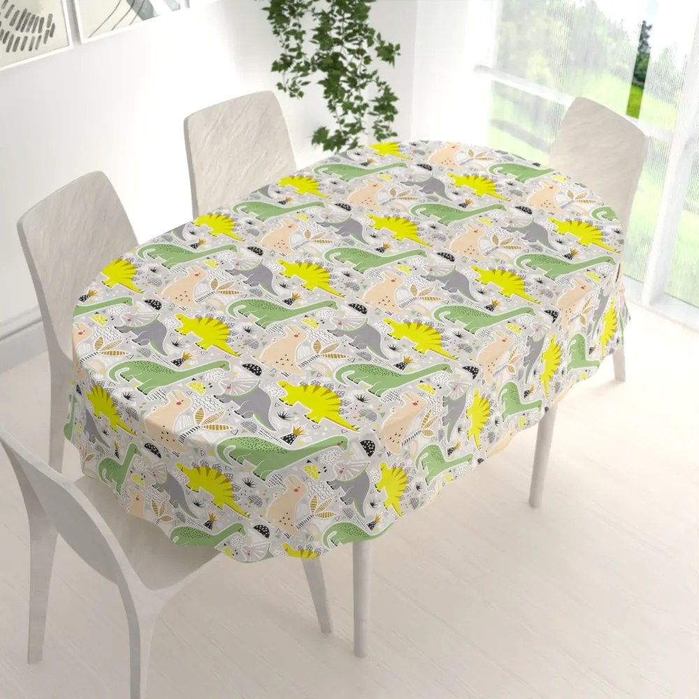 Biante Detský bavlnený oválny obrus Sandra SA-564 Dinosaury a brontosaury na sivom 140x220 cm