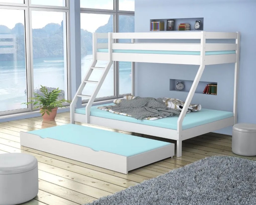 Poschodová posteľ z masívu DENIS vr. oboch roštov - 200x90/140 cm - biela