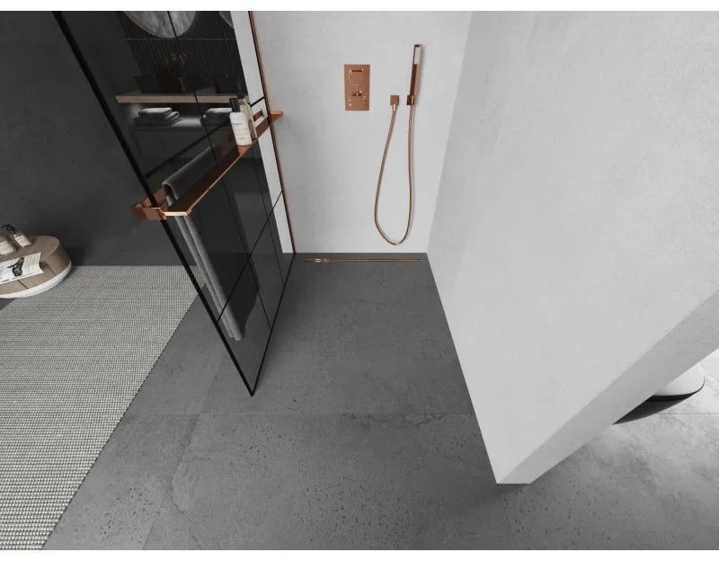 Mexen Kioto+ L, sprchová zástena Walk-In s poličkou a vešiakom 100 x 200 cm, 8mm číre sklo čierny vzor, ružové zlato profil, 800-100-123-60-77