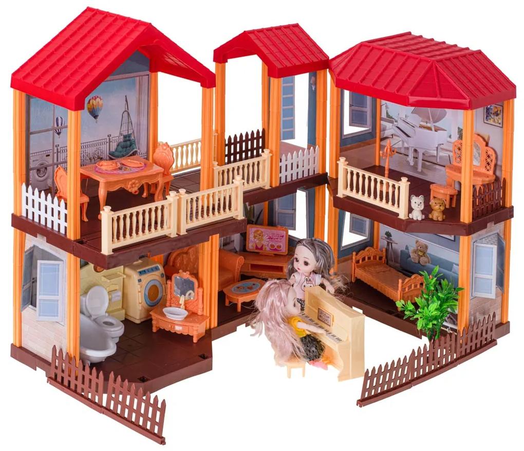 KIK Domček pre bábiky willa červená strecha osvetlenie + nábytok a bábiky