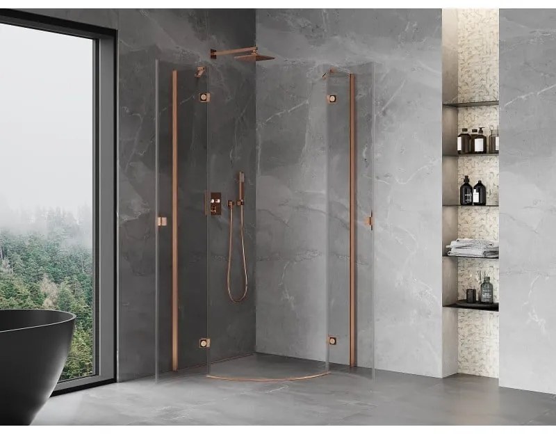 Mexen Mist, polkruhový výklopný sprchový kút 100 x 100 cm, číre sklo, medený matný profil, 8A33-100-100-65-00