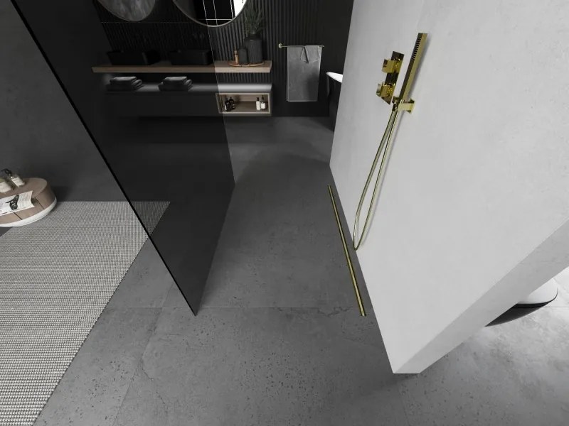 Mexen Kioto, sprchová zástena Walk-In 140 x 200 cm, 8mm šedé sklo, zlatý matný profil, 800-140-002-55-40