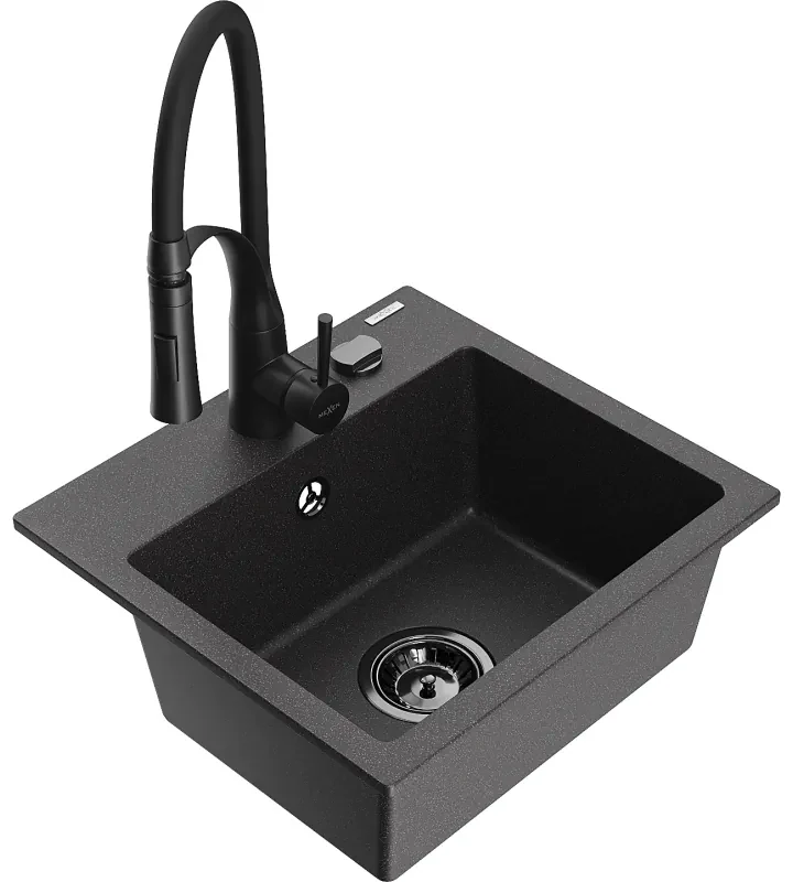 Mexen Milo, 1-komorový granitový drez 435x410x171 mm a drezová batéria Aster, čierna škvrnitá, 6505-76-73450-70-B