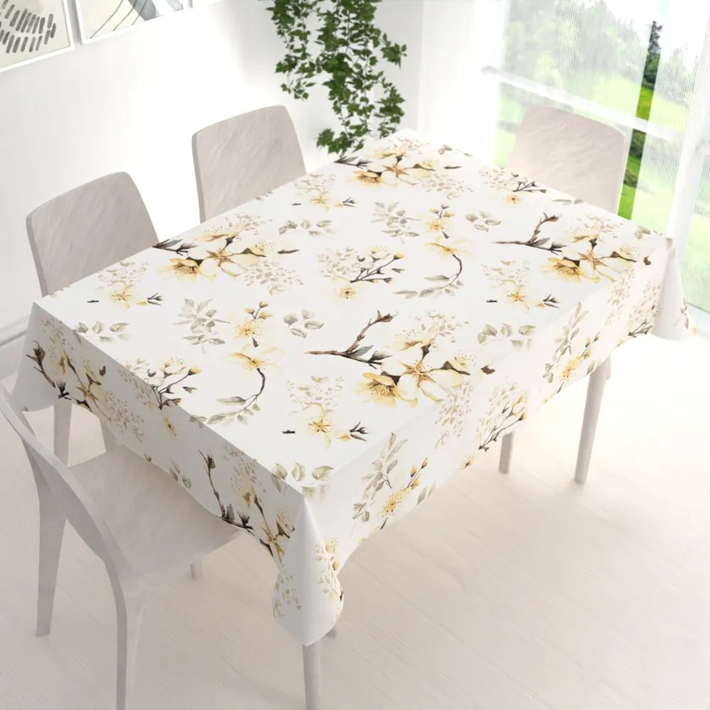 Biante Bavlnený obdĺžnikový obrus Sandra SA-582 Žlté kvety s vetvičkami na bielom 140x200 cm