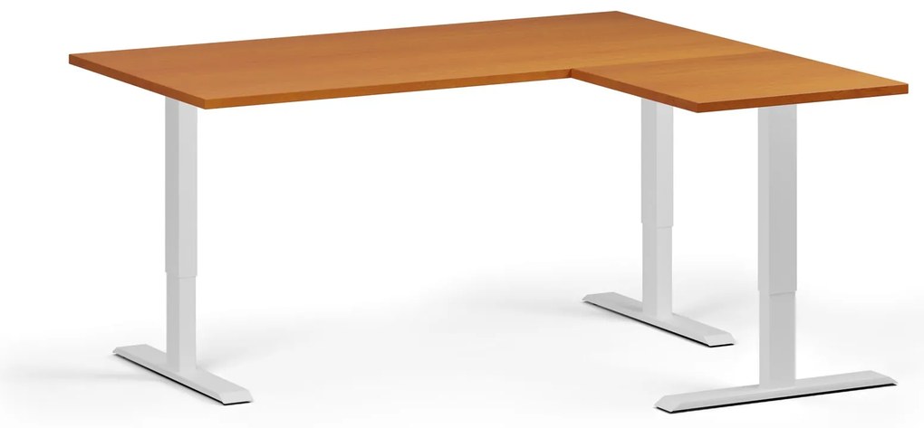 Rohový výškovo nastaviteľný stôl, 160x140 cm, 3 motory, L/P, biela podnož, čerešňa