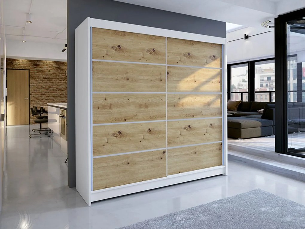 Posuvná skriňa Bar IV, Farby: biely / dub artisan, Osvetlenie: osvetlenie LED RGB - farebné