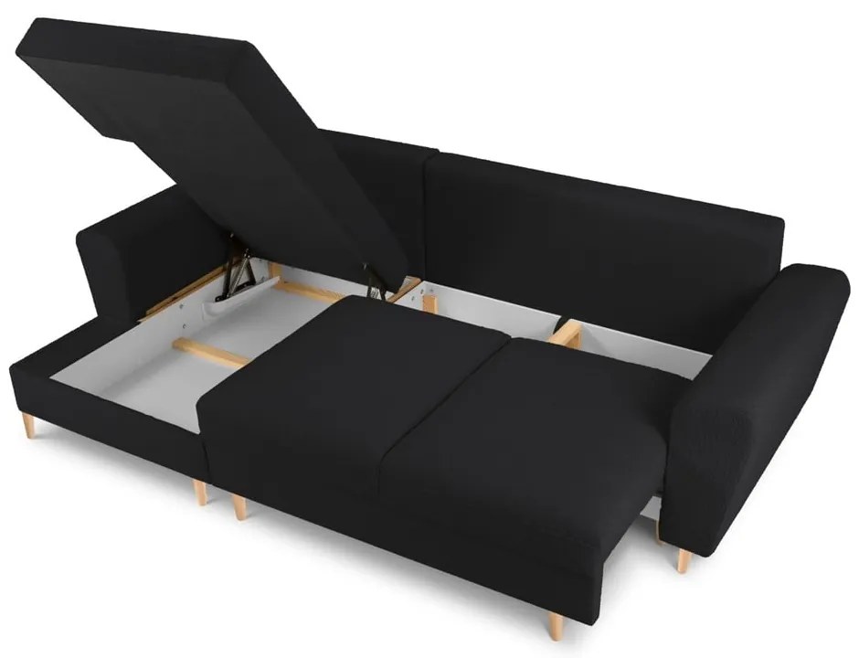 Čierna rozkladacia/s úložným priestorom rohová pohovka z textílie buklé (ľavý roh/s leňoškou) Kyoto – Cosmopolitan Design