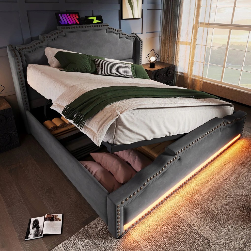 Čalúnená posteľ 160×200 Dvojlôžková posteľ Led Usb-c šedá matrac