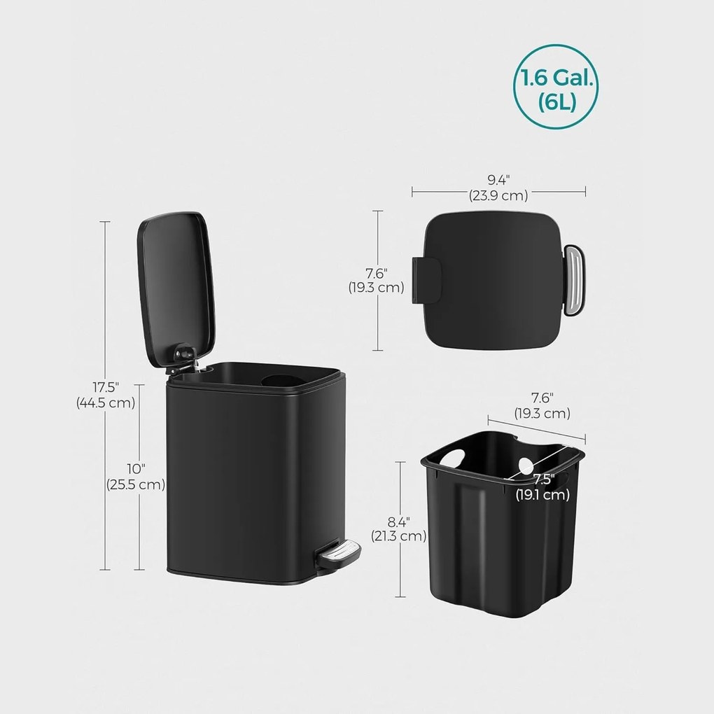 Kúpeľňový kôš, 6L malý odpadkový kôš, pedálový, čierny