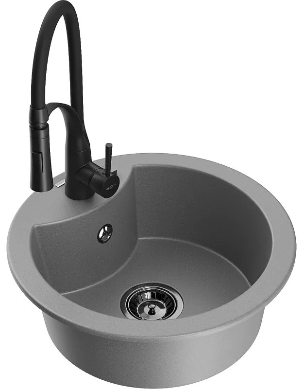 Mexen Diego, 1-komorový granitový drez 488x488x167 mm a drezová batéria Aster, šedá, 6512-71-73450-70-B