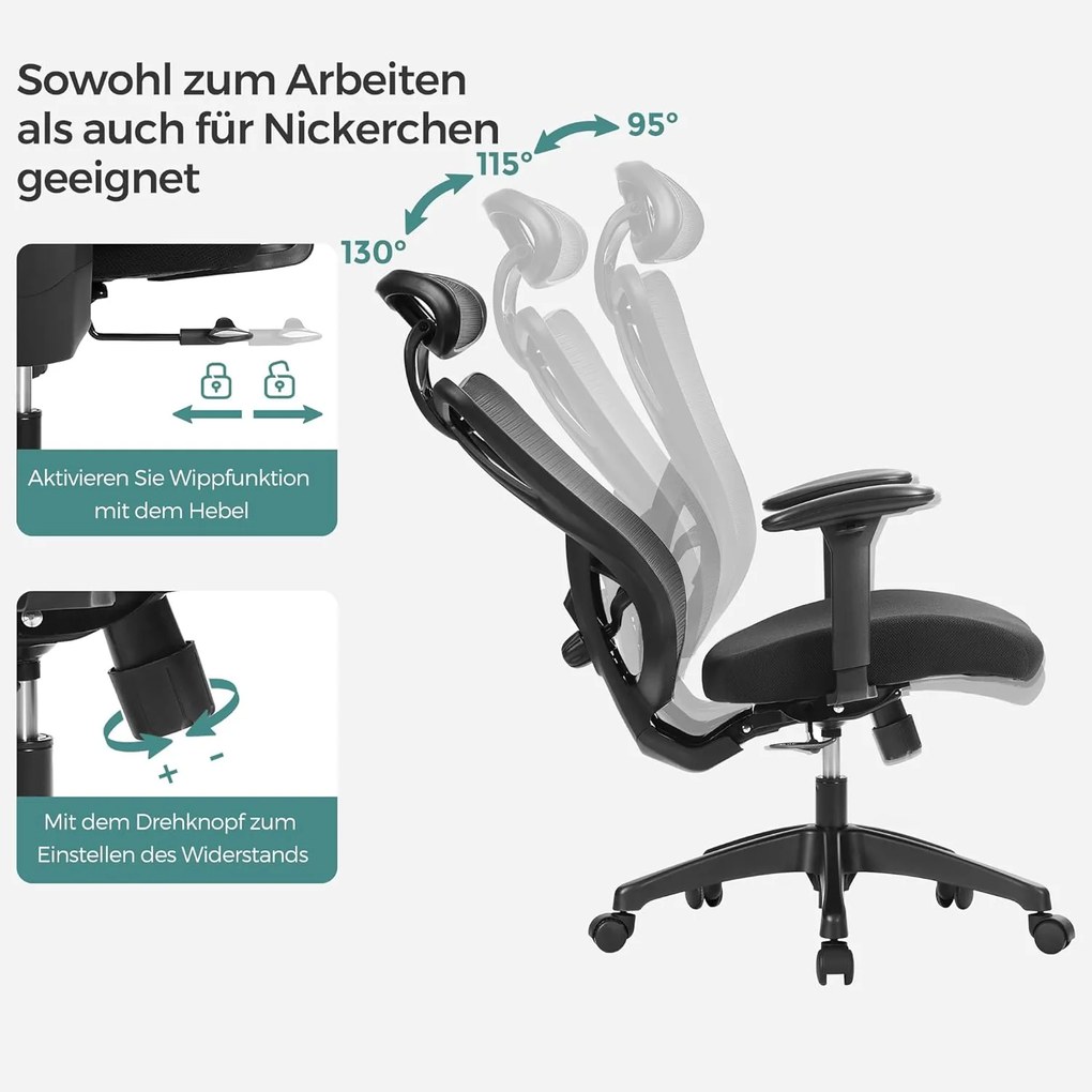 Kancelárske kreslo, Ergonomické kreslo s nastaviteľnou opierkou hlavy, čierne