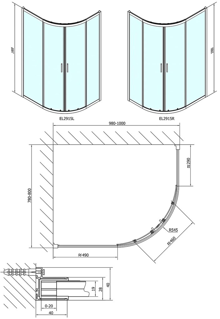 Polysan Polysan, EASY LINE štvrťkruhová sprchová zástena 1000x800mm, L/R, číre sklo, EL2915