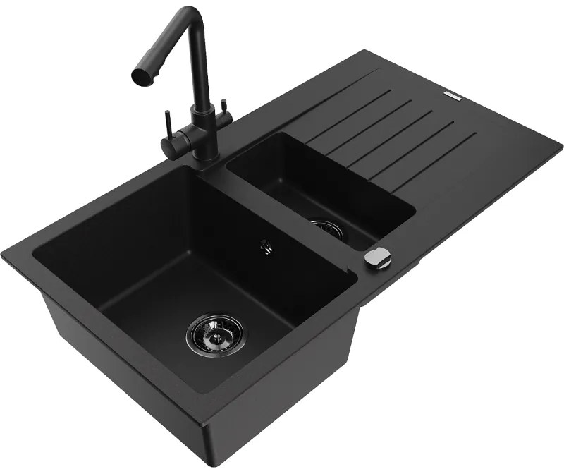 Mexen Matias, granitový drez 900x505x200 mm, 1,5-komorový a čierna batéria Duero, čierna, 6502-77-671600-70-B