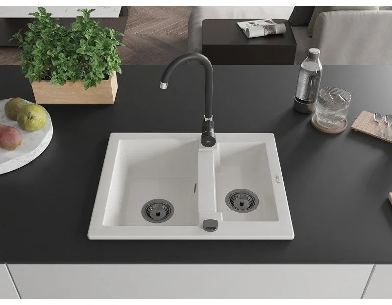 Mexen Carlos, granitový drez 582x475x177 mm, 1,5-komorový, biela s čiernym sifónom, 6518581500-20-B
