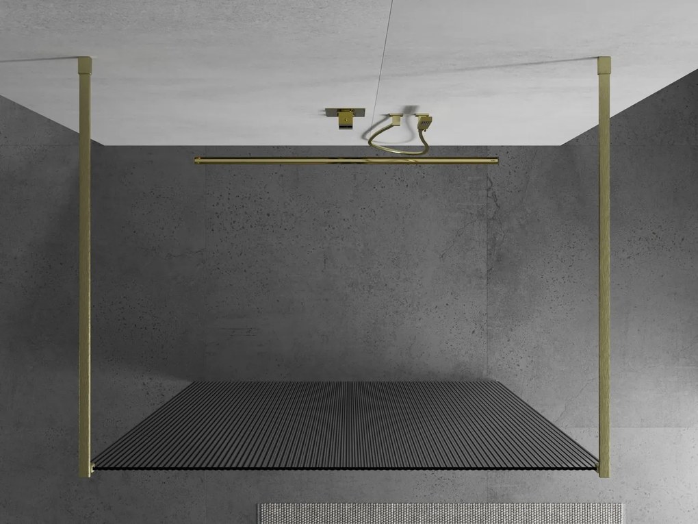 Mexen Kioto, sprchová zástena Walk-In 100 x 200 cm, 8mm sklo s rebrovým vzorom, zlatý matný profil, 800-100-002-55-09