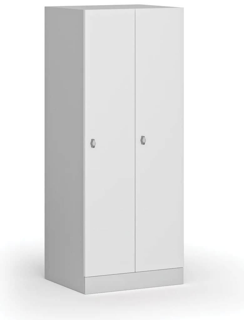 Šatníková skrinka S1 znížená, 2 oddiely, 1500 x 600 x 500 mm, otočný zámok, laminované dvere, biela