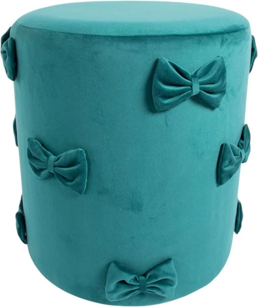 Tyrkysový zamatový taburet s mašľami Pouf Bow petrol – 37*37*42 cm