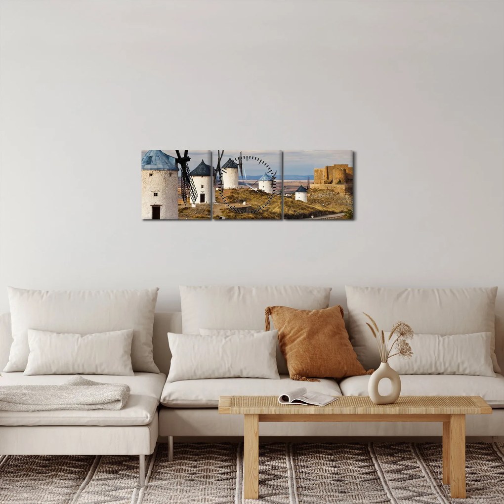Obraz - Veterné mlyny Consuegra, Španielsko (s hodinami) (90x30 cm)