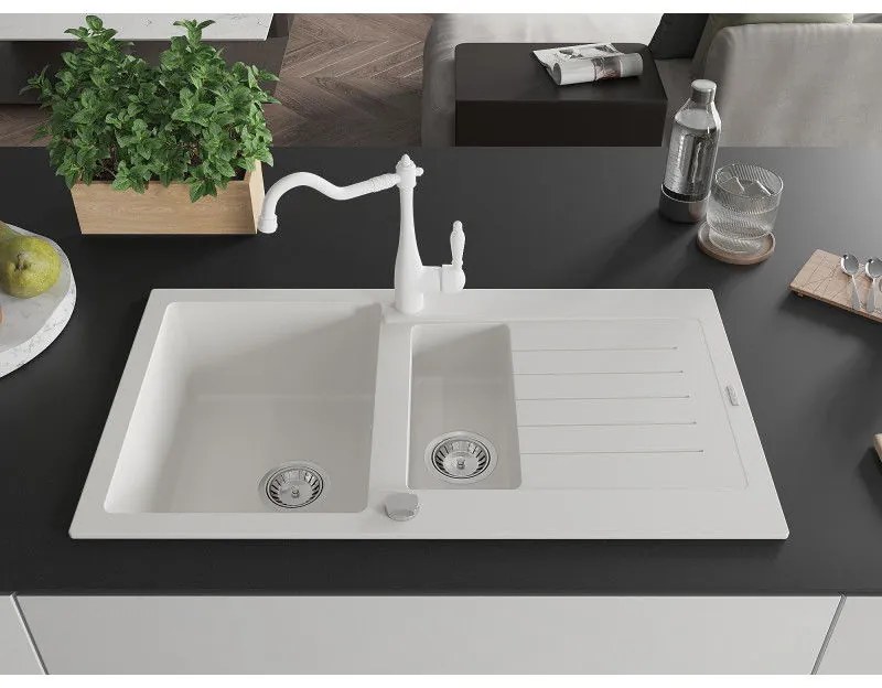 Mexen Matias, granitový drez 900x505x200 mm, 1,5-komorový a drezová batéria Carla, biela, 6502-20-670700-20
