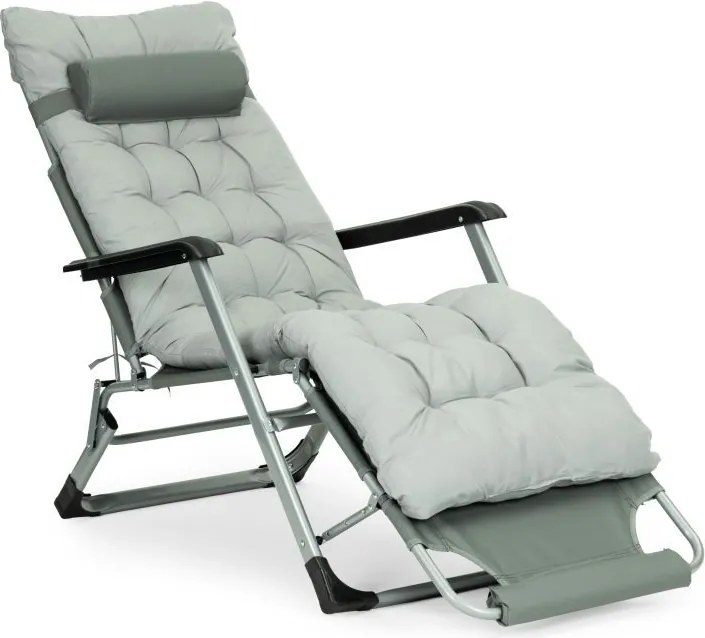 Záhradné plážové ležadlo 2 v 1 s vankúšom, opierkou hlavy, nastaviteľnou opierkou nôh, sivé