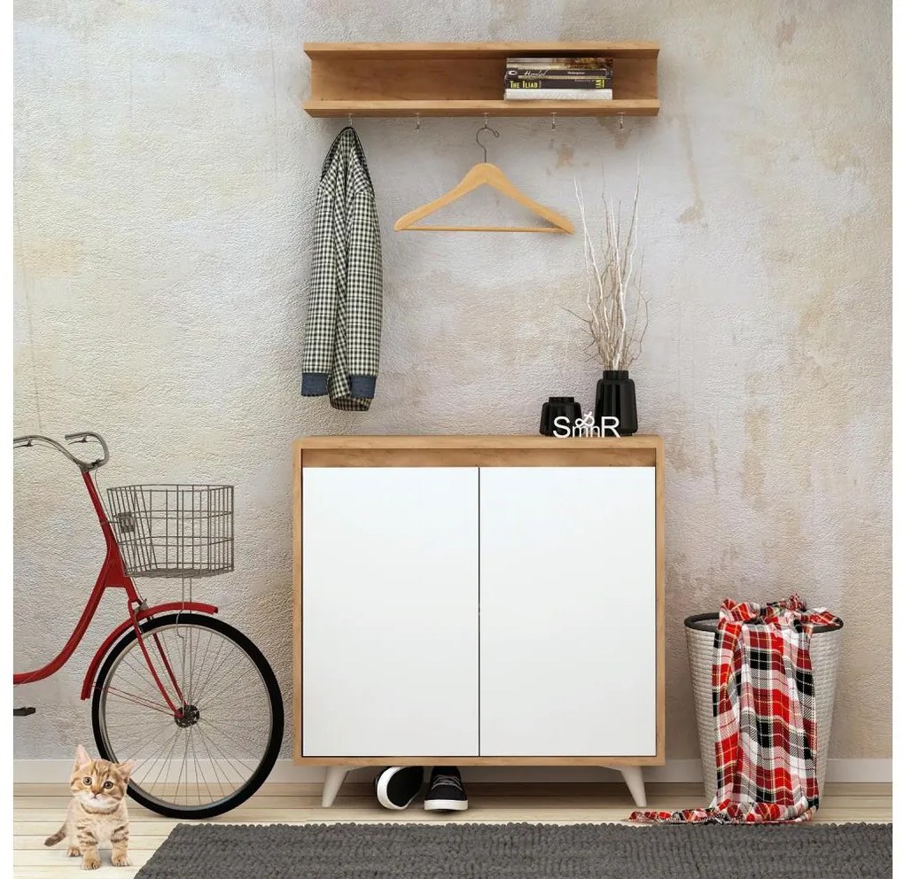 Nástenný vešiak OBSOYO 15x80 cm + skrinka na topánky 100x80 cm hnedá/biela