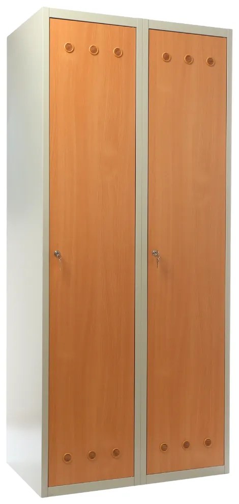 Kovová šatníková skrinka s drevenými dverami, 80 x 50 x 180 cm, cylindrický zámok, buk