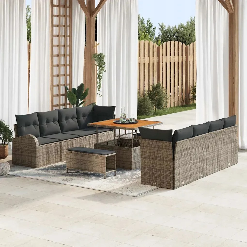 vidaXL 11-dielny záhradný gaučový set s vankúšmi Grey Poly Rattan Acacia