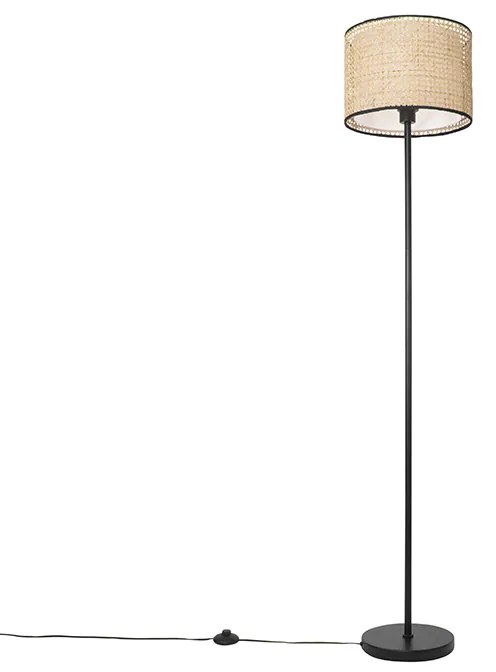Rustikálna stojaca lampa čierna s ratanovým tienidlom - Kata