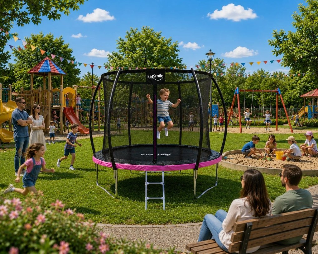 TRENDIE Trampolína s vnútornou sieťou 252 cm ružová + rebrík